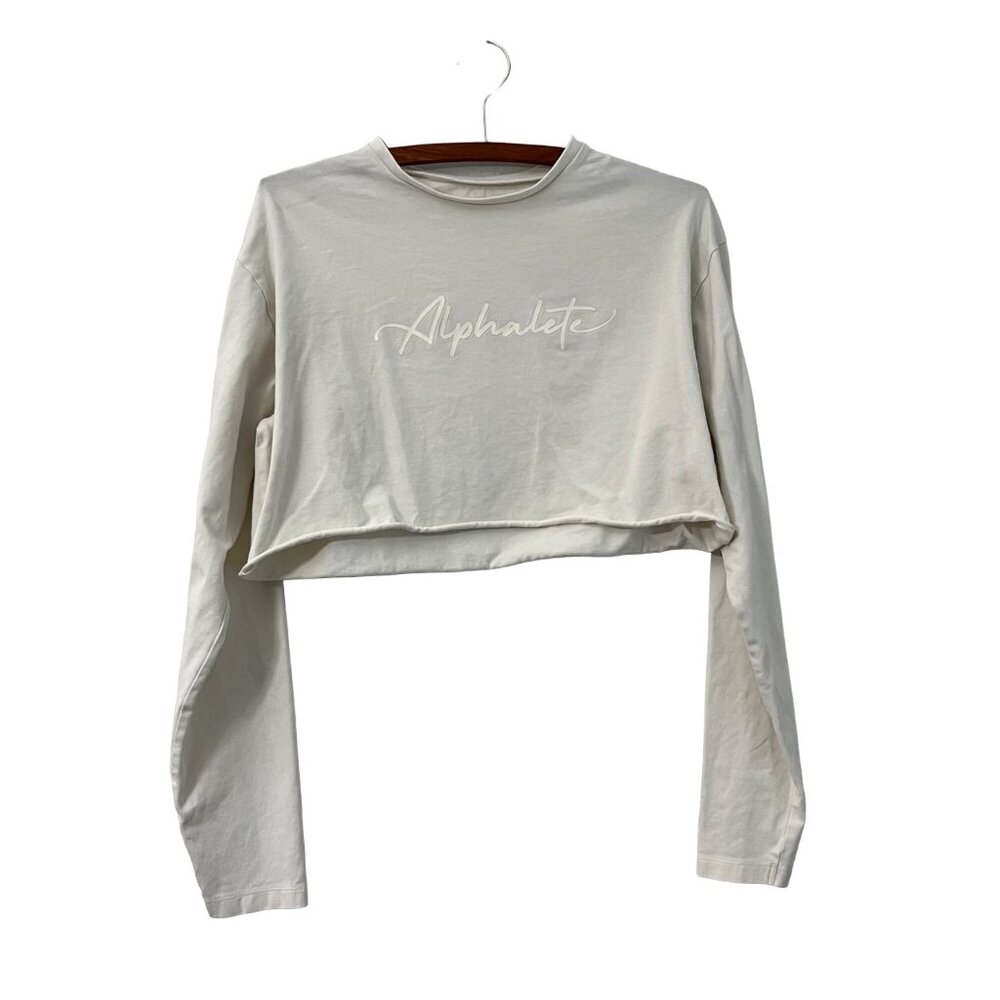 Alphalete Womens Ivory Logo Front Cropped Long Sleeve Top Lifestyle Fit Size S